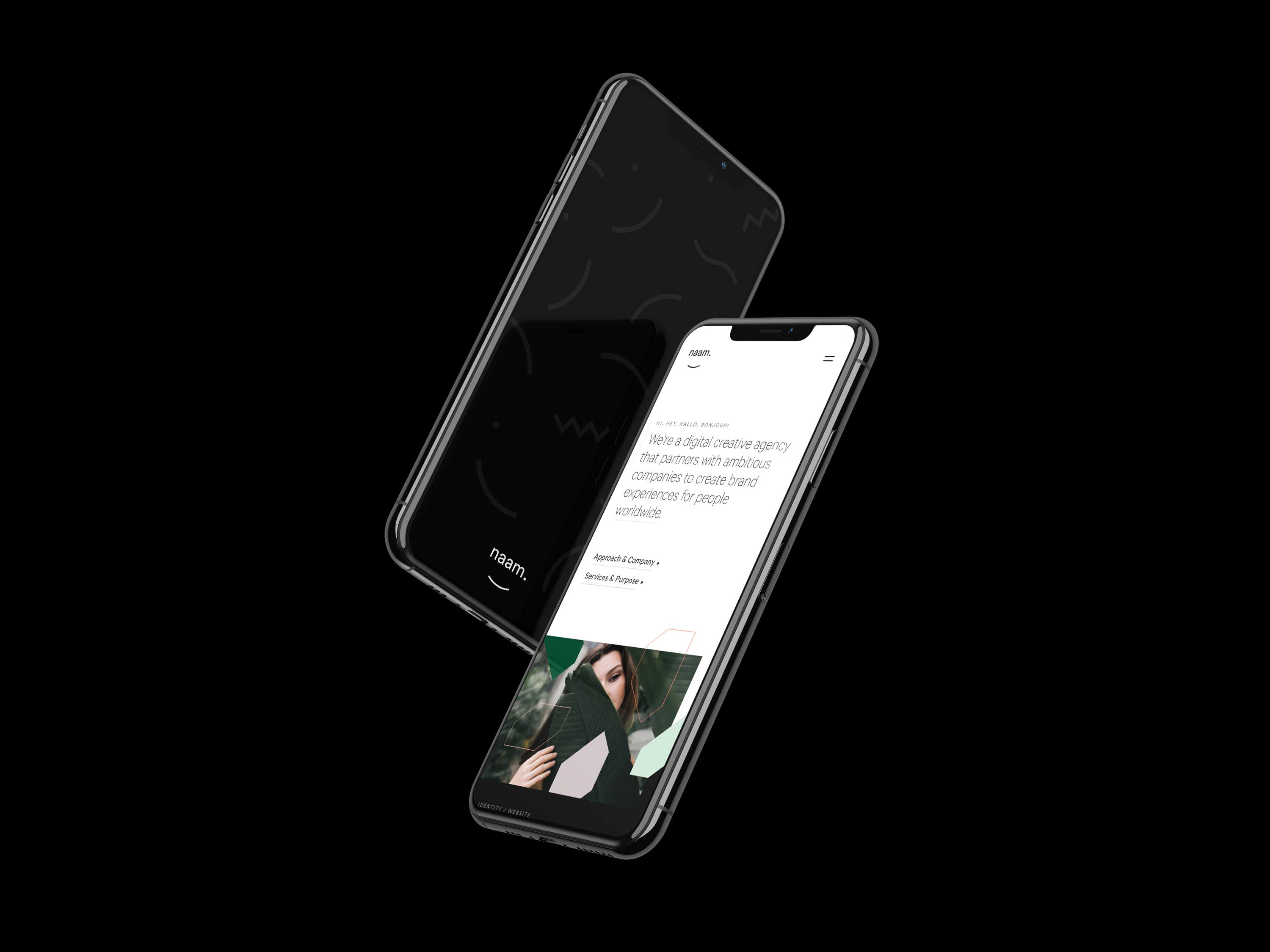 Two floating iPhone XS with the new Naam brand and website.